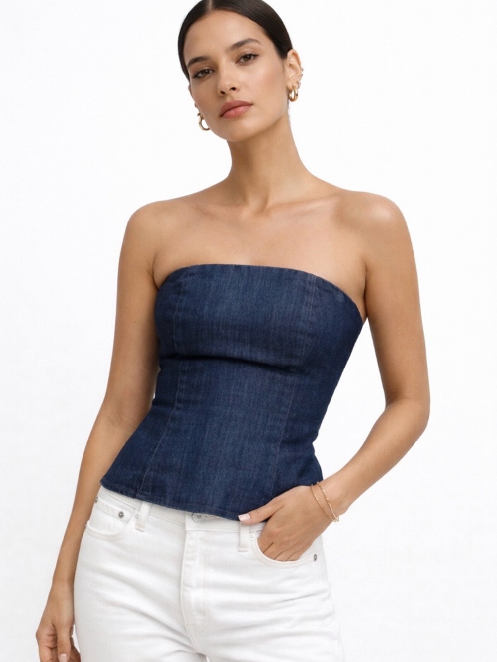 Zara Dark Blue Denim Strapless Crop Top
